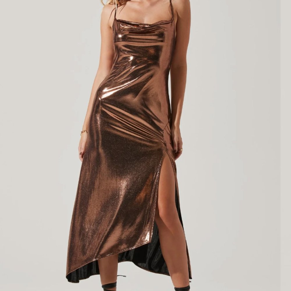 NEVER WORN Gaia Metallic Midi Dress - Bronze